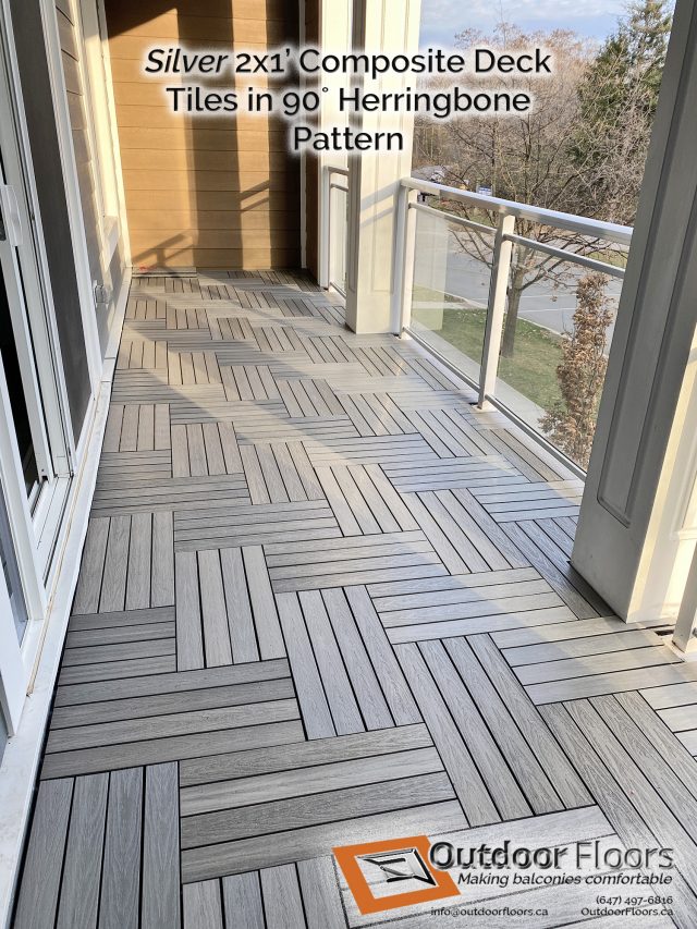 Silver 2x1’ Composite Deck Tiles in 90˚ Herringbone Pattern