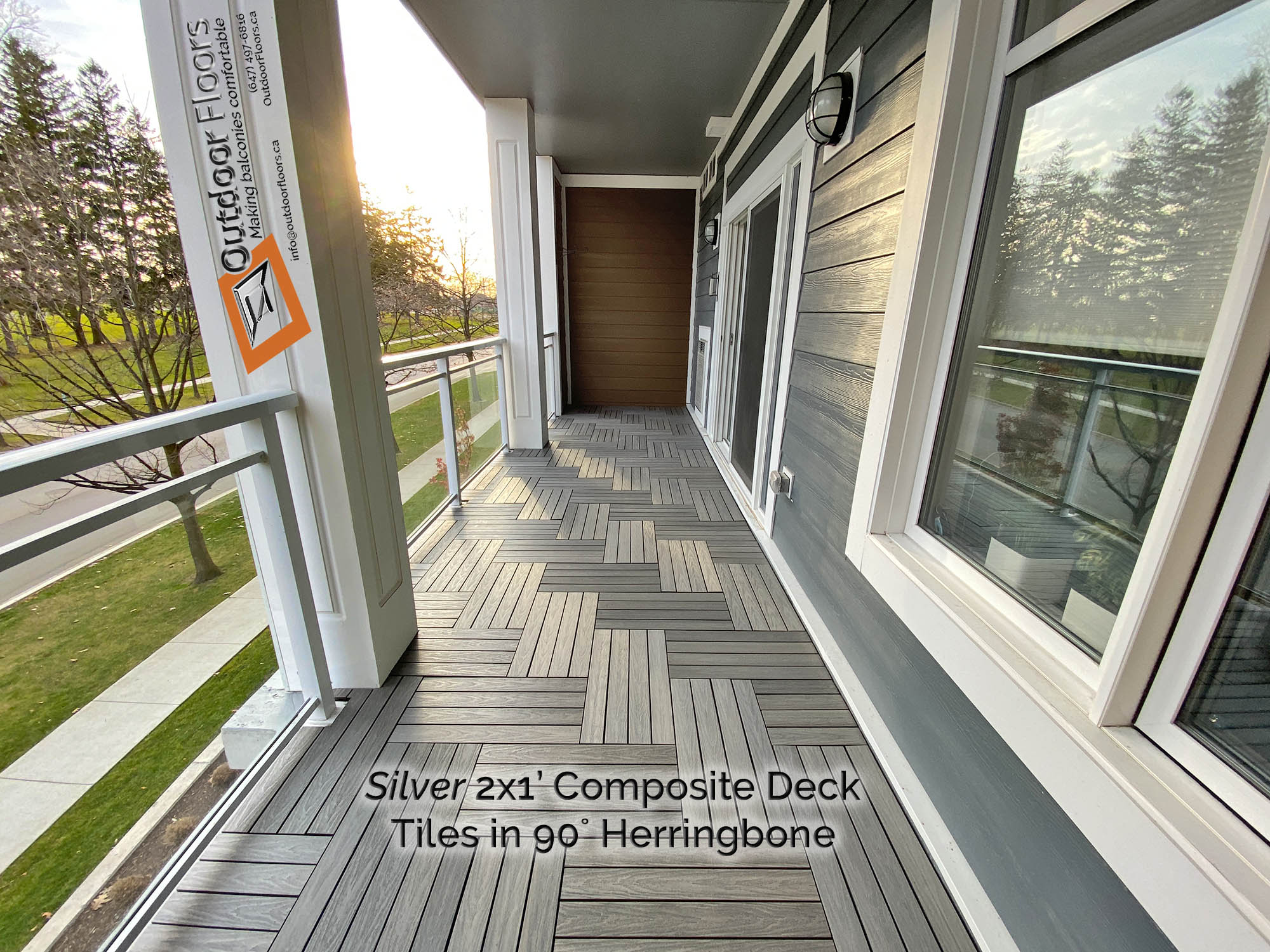 Silver 2x1' Composite Deck Tiles on Whitby Waterside Balcony